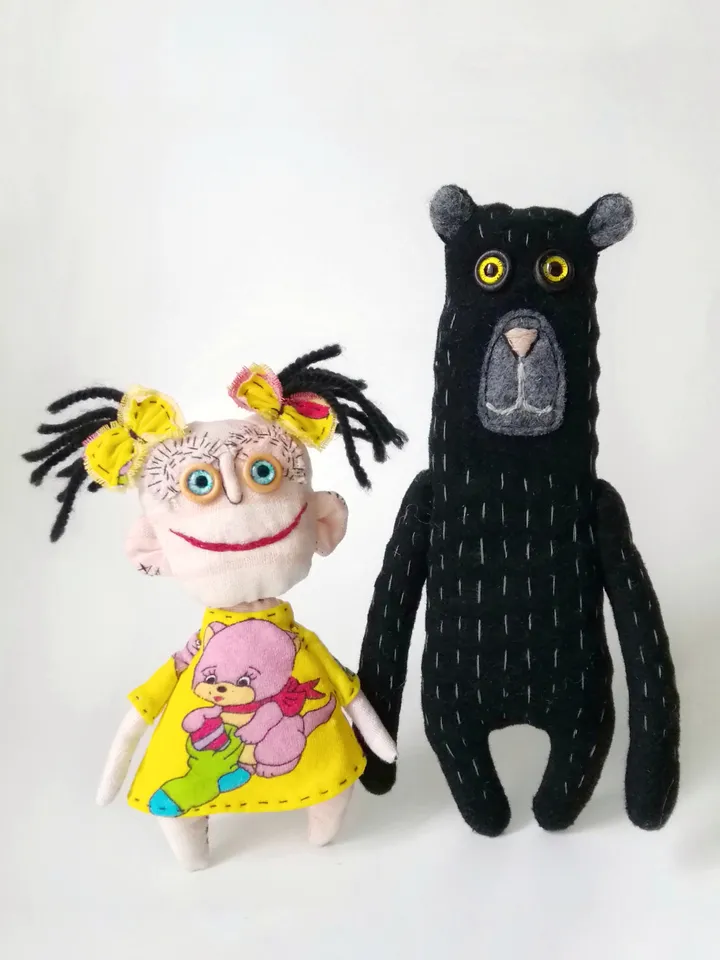 Artistic Handmade Dolls: Girl and Bear, Spooky Funny Fabric Interior Toys: One-of-a-Kind Unique Dolls, Weird and Ugly. FREE SHIPPING!