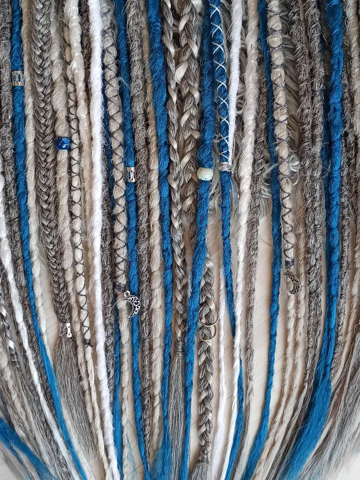 Winter set, Dreadlock extensions White grey blue dreadlock extensions. Synthetic Double Single Ended Viking Fishtail Braids Jewelry