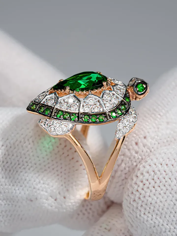 Ring Silver gold plated 925 assay value with green cubic zirconia