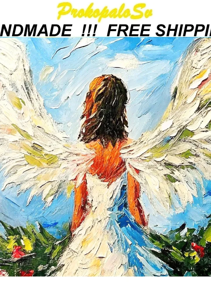 Angel Oil Painting Angel Wings Impasto Original Fine Art Woman Angel Wall Art Decor Christmas Gifts by ArtProkopaloSv