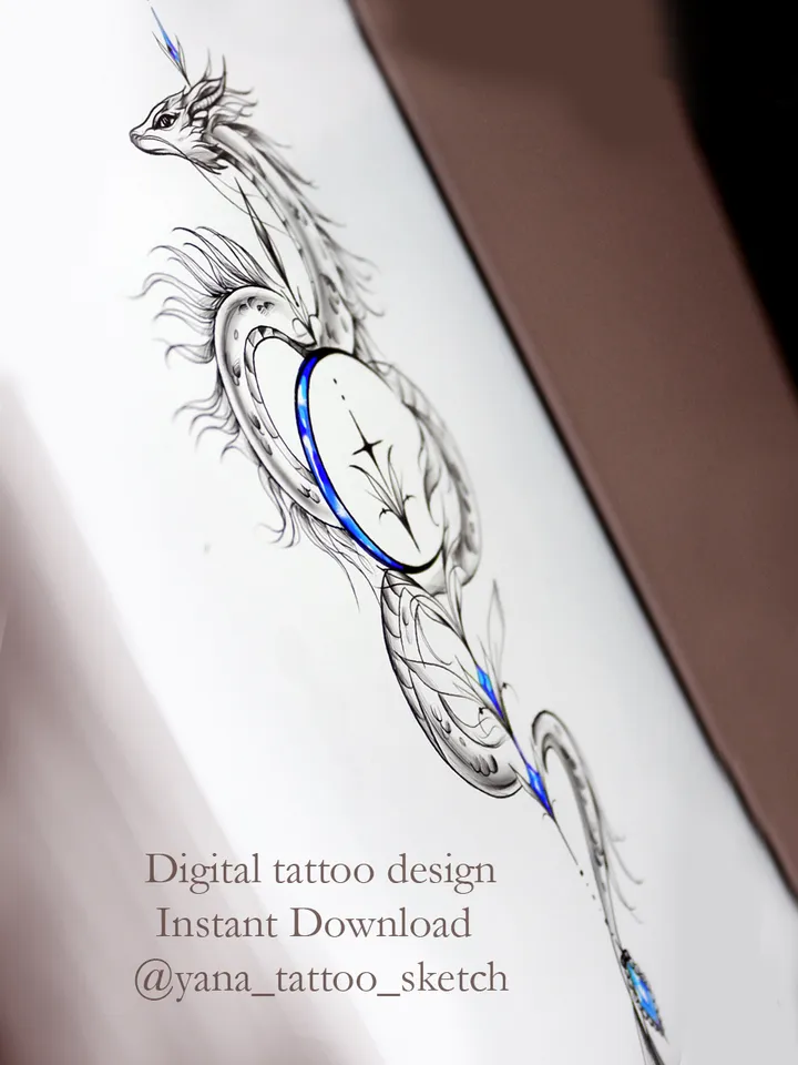 Dragon Tattoo Design Female Moon Dragon Tattoo Stencil Idea Sketch, Instant download PDF, JPG