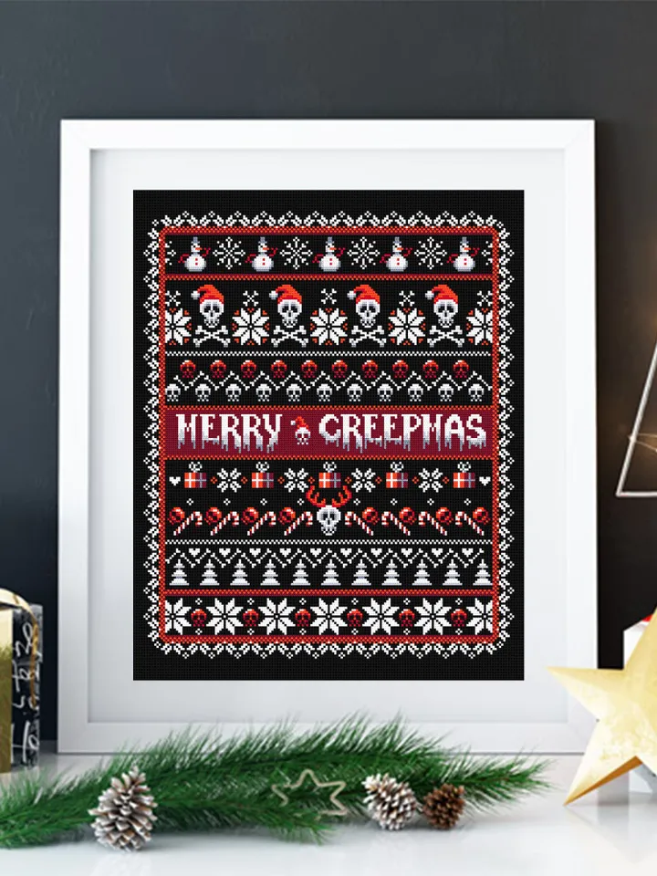 Gothic Christmas cross stitch pattern download PDF, Merry creepmas sampler, Spooky Christmas embroidery PDF, Creepy quaker cross stitch #N76