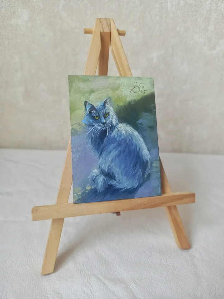 Original ACEO oil painting, Street smoky cat, Miniature collectible painting 2.5x3.5 inches