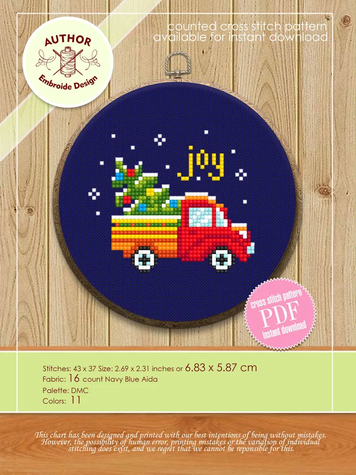 Small Christmas cross stitch pattern download PDF Vintage red truck cross stitch chart Tiny Christmas pattern digital Kids embroidery #N48