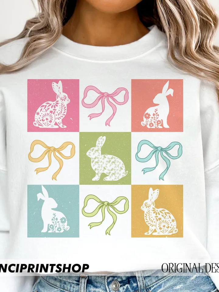 Retro Easter Floral Bunny Checkered png, Easter Coquette Bow png, Easter Bunny png, Retro Easter png, Happy easter png, Bunny png, Retro png