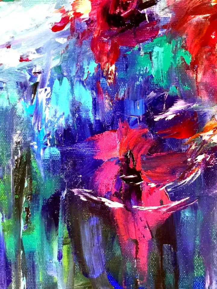 Flowers oil painting,Abstract red flowers on blue background, original oil painting on stretched canvas,handmade unique gift home decor.
