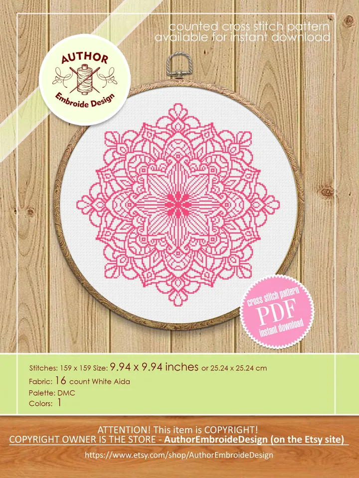 Flower mandala cross stitch pattern PDF download Mandala ornament cross stitch chart Monochrome mandala pattern digital PDF Home decor #M280