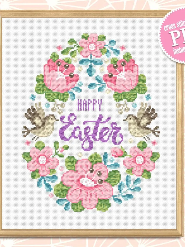 Floral easter egg cross stitch pattern PDF Pastel cross stitch Happy Easter cross stitch download PDF, Watercolor floral easter ornament #T7