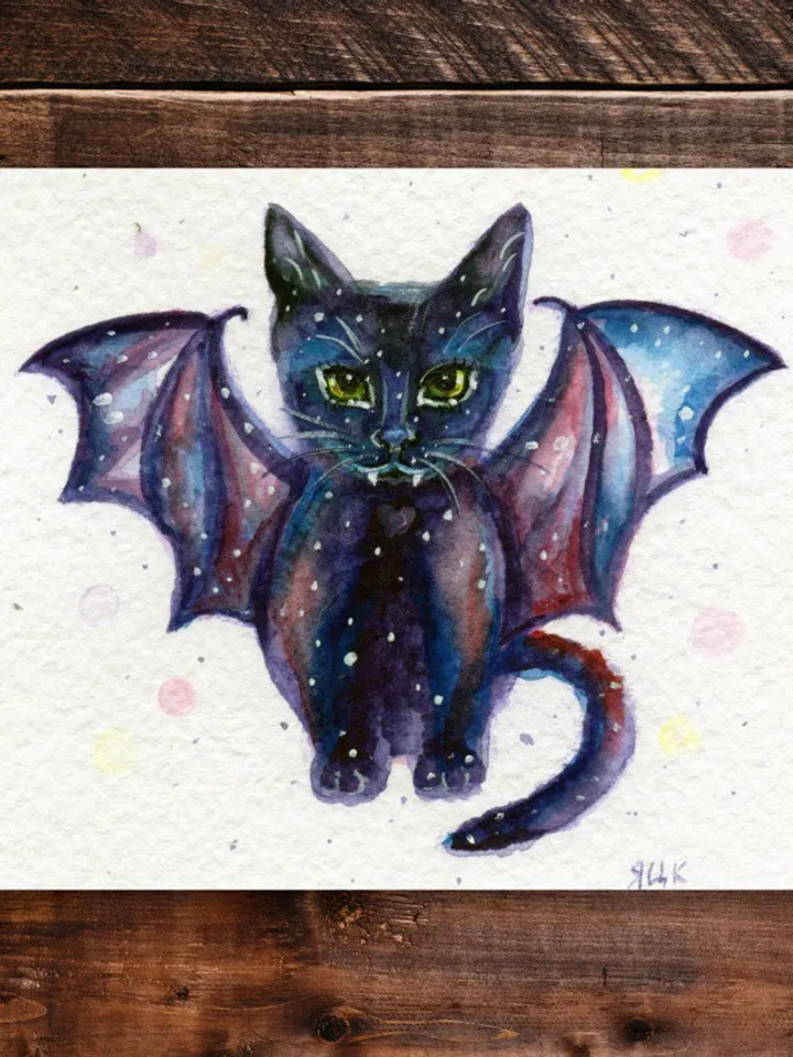Black Cat Print Bat Cat Art Print Bat Lover Gift Gothic Poster Fairycore Wall Decor