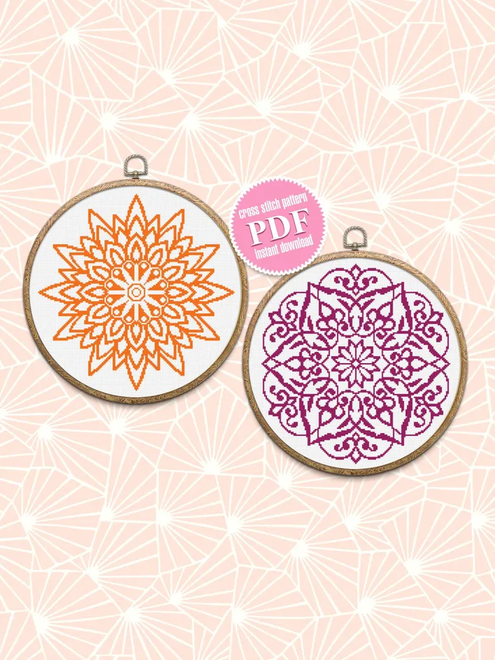 Flower mandala set cross stitch pattern download PDF Monochrome mandala cross stitch chart, Awesome pattern digital PDF Floral ornament #S11