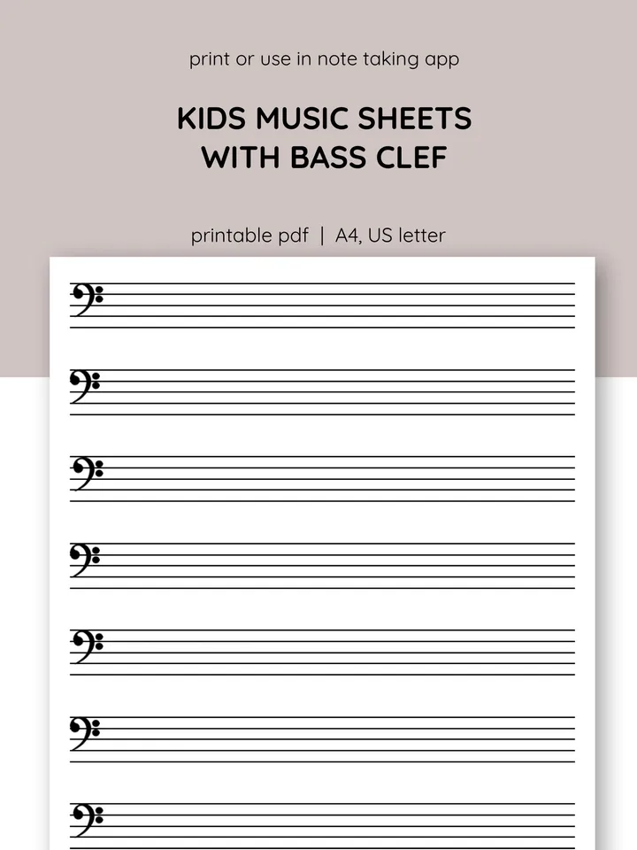 Kids printable sheet music. Sheet music with bass clef. Piano staff paper. Blank music paper. Learn piano.