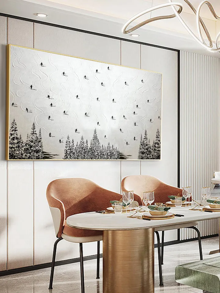 Large Original Ski Sport Painting on Canvas, Texture Wall Art, Skier on Snowy Mountain Art White Snow Skiing Art Custom Painting, Home Decor