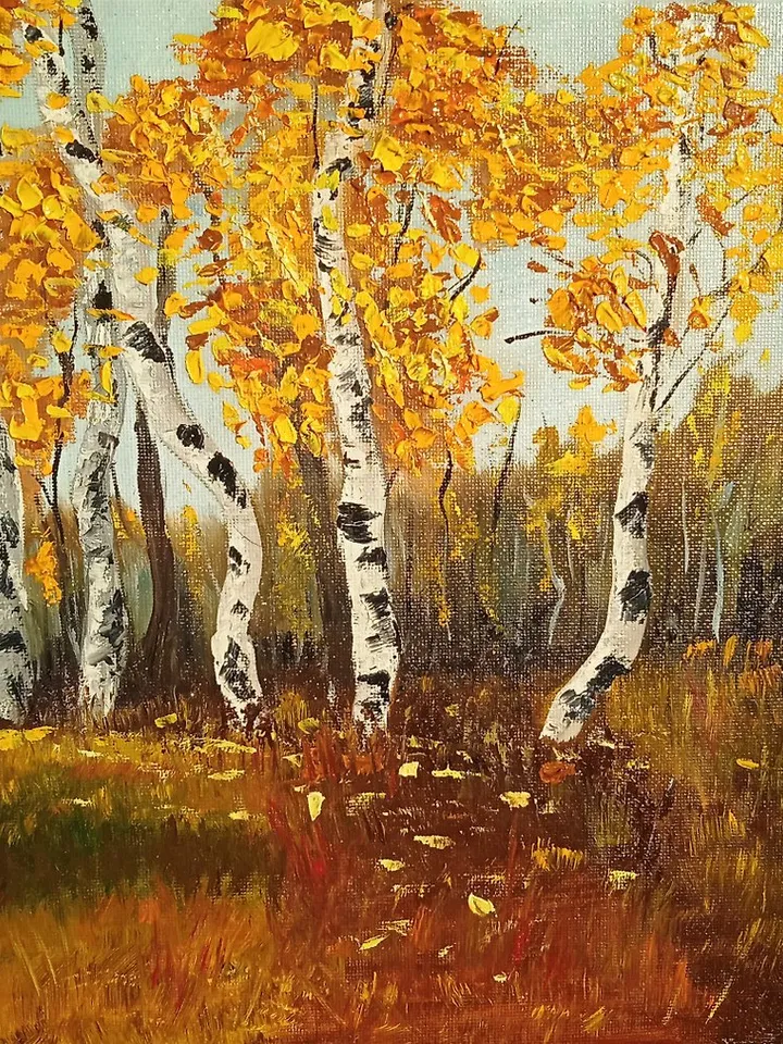 Birch Landscape Art Birch Original Oil Painting Birch Art Impasto Yellow Forest