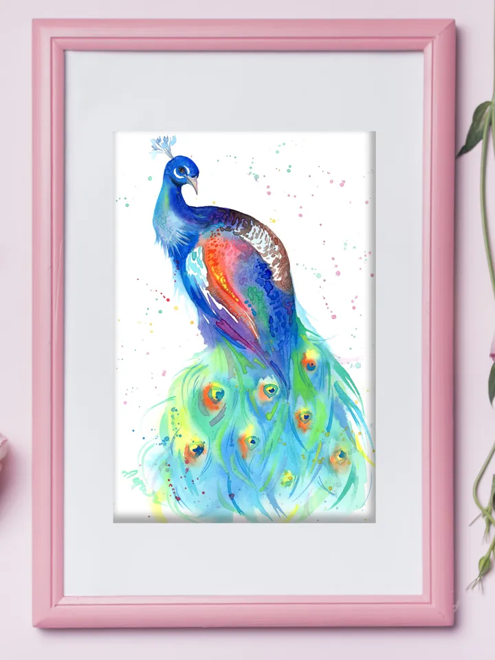 Peacock original watercolor, birds painting, wall decor, 7x10 in art for bird lovers by Anne Gorywine