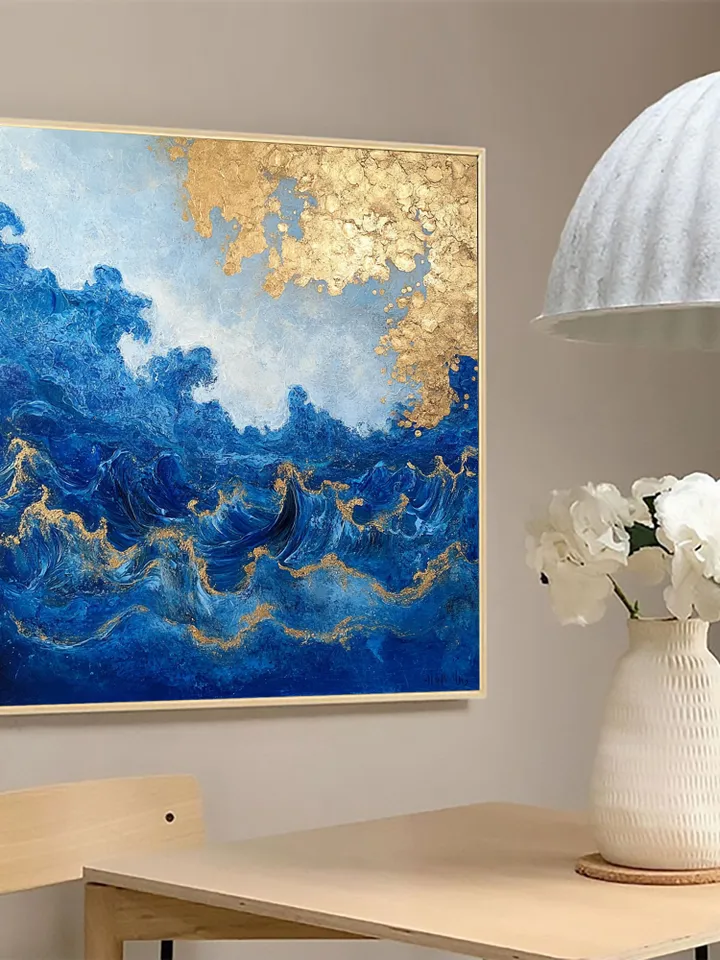 Abstract Gold leaf Oil Painting on Canvas, Original Blue Painting, Large Wall Art, Custom Painting, Living room Office Wall Art, Home Deocr