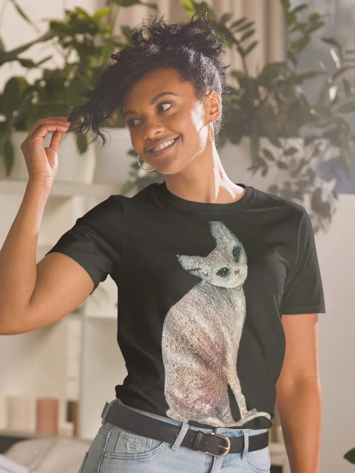 Mystery Cat Short-Sleeve Unisex T-Shirt made with my original mix media artwork,unique handmade cat t shirts,cat lovers wearable gifts.