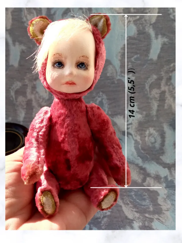 Little designer doll height 5.5 inches sitting, handmade in teddy doll style.