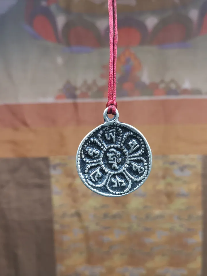 Gandhanra Handmade Tibetan Buddhist Amulet,Om Badge Pendant, Mantra of Om Mani Padme Hum, Made of Brass,1.26"