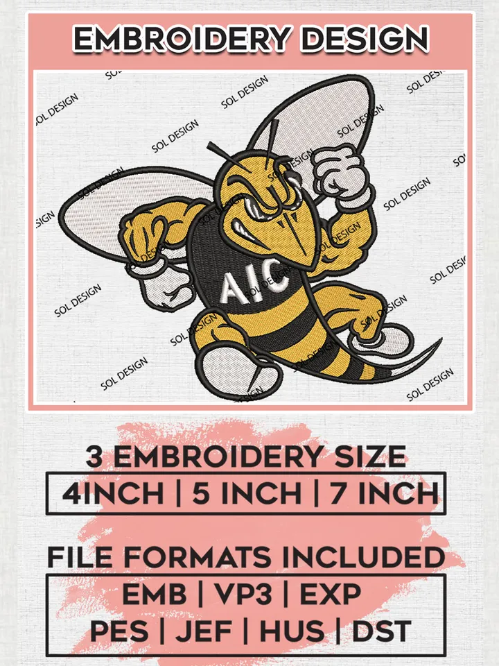 AIC Yellow Jackets Team Mascot Logo Embroidery Design Files, NCAA AIC Yellow Jackets Machine Embroidery, NCAA Teams, 3 sizes, NCAA Machine embroidery designs, Digital Download