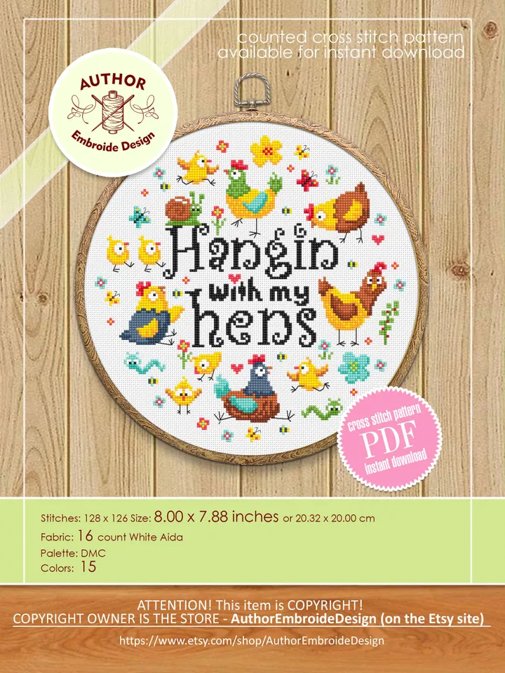 Funny chickens cross stitch pattern PDF instant download Hangin with my hens cross stitch chart, Funny pattern digital PDF for friends #Q64