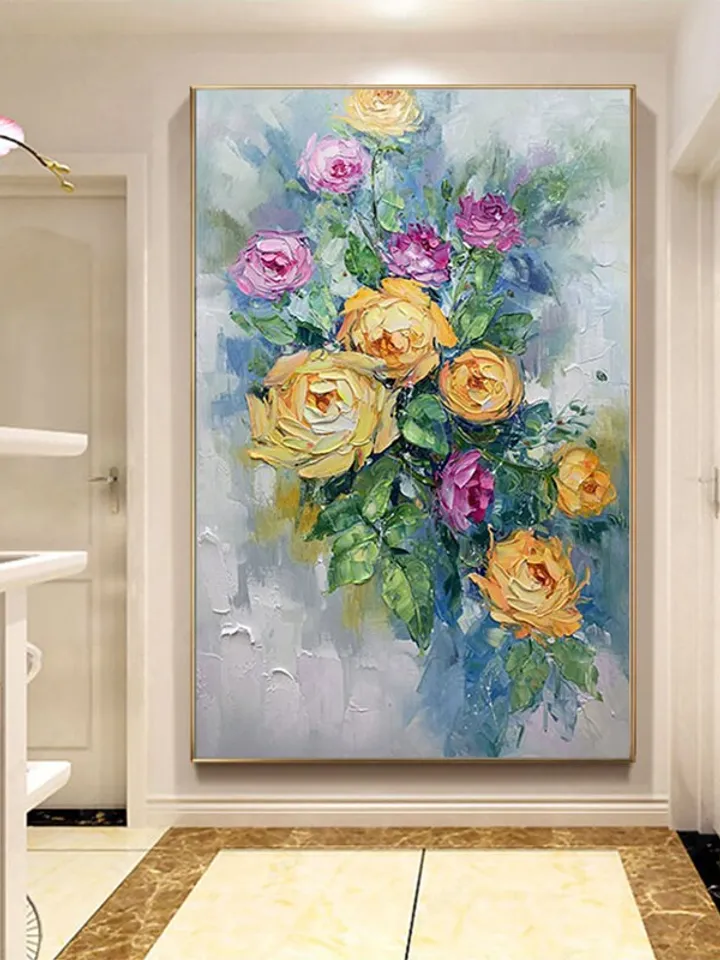 Original Rose Oil Painting On Canvas, Abstract Yellow Peony Flower Painting, Large Wall Art, Living Room Wall Decor, Custom Acrylic Painting