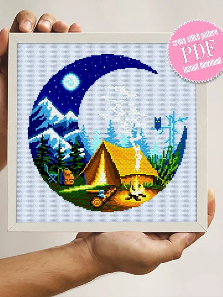 Camping cross stitch pattern download PDF Nature landscape cross stitch Campfire tent xstitch chart Adventure awaits Nature lover gift #L26