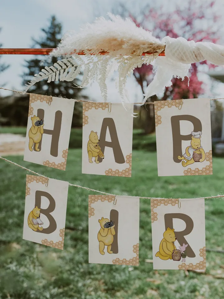 Happy Birthday Banner Winnie the Pooh Birthday Party; Winnie Pooh 1st Birthday; Editable Birthday Banner Birthday Party Decoration Pooh hc12