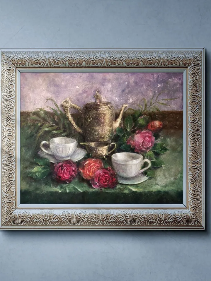 Still life Painting Original Oil Floral Still life Teacup Painting Breakfast Painting