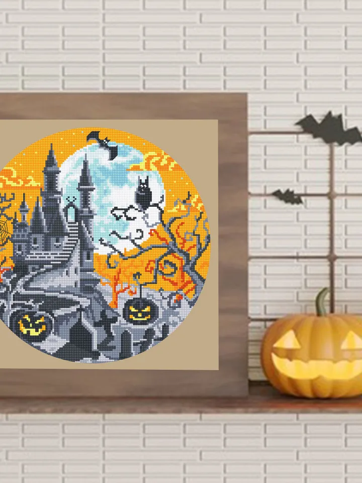 Halloween cross stitch pattern PDF download Spooky haunted house cross stitch chart, Halloween pattern digital PDF Happy Halloween night #H2