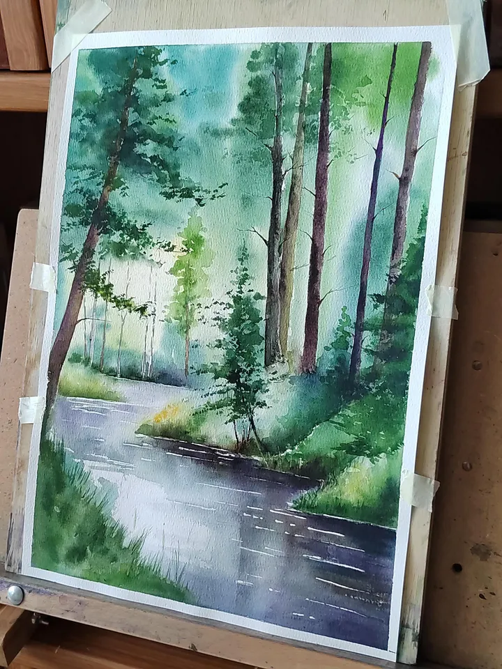 Forest Landscape Painting Original Watercolor Art Forest River Artwork Summer Forest Picture 10.62x15.35 in by Art Café