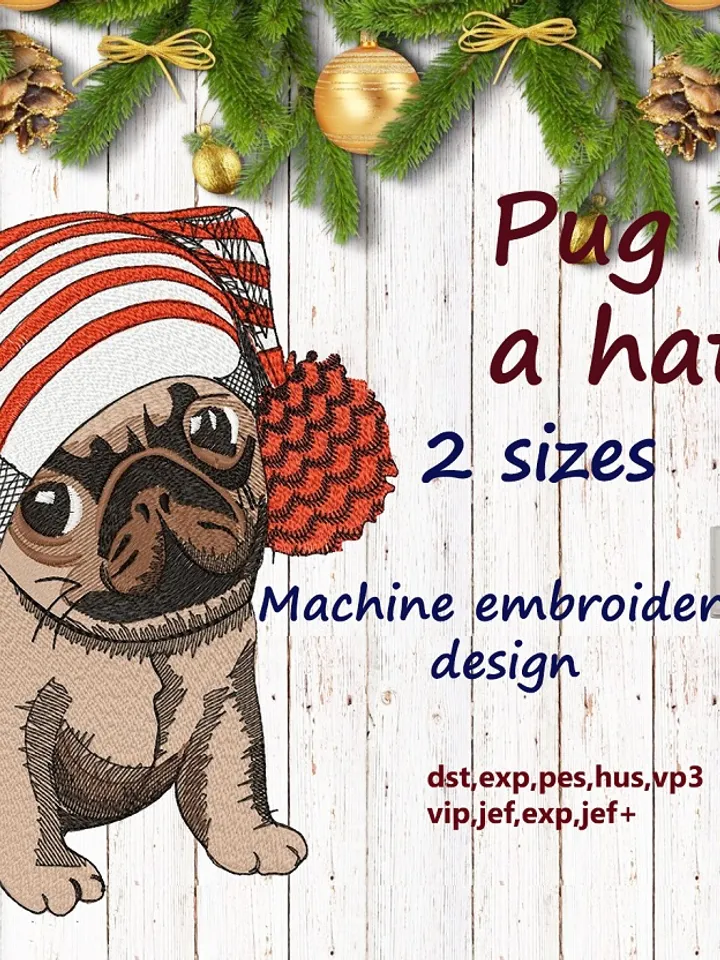 PUG IN A HAT 2 sizes Embroidery Design DIGITAL EMBROIDERY