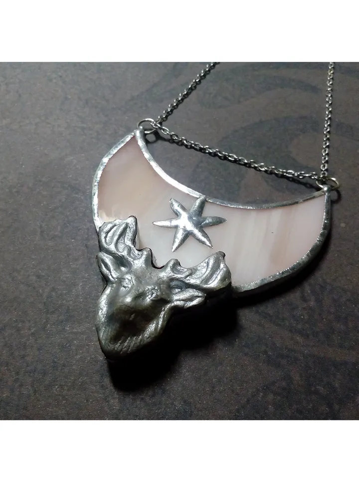 Deer antler jewelry, Deer head necklace, Yule jewelry, Christmas deer, Moon crescent deer, stag head pendant