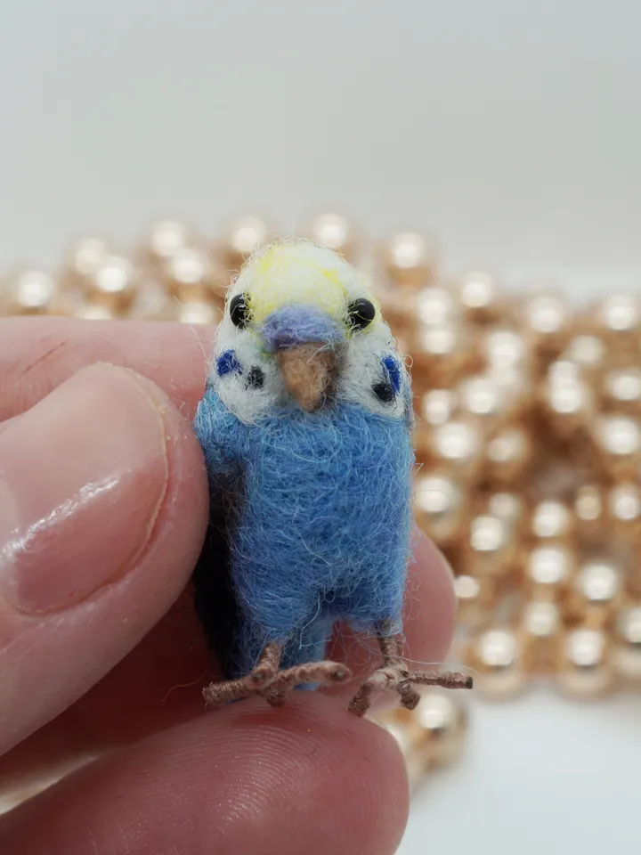 Miniature needle felted blue budgie, tiny parakeet, miniature parakeet, pet portrait, made to order