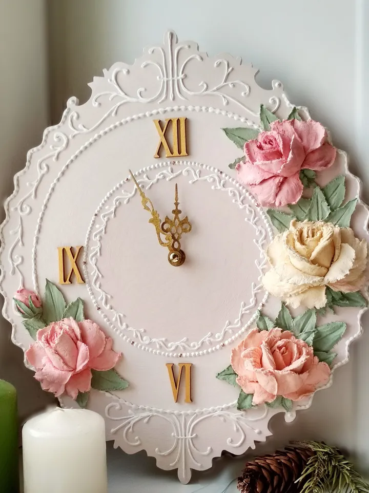 Wall clock with roses in shabby chic style Pink flower clock Handmade clock Silent clock for bedroom, living room or nursery Gift for Christmas, Birthday, Mother's Day, Wedding, Housewarming