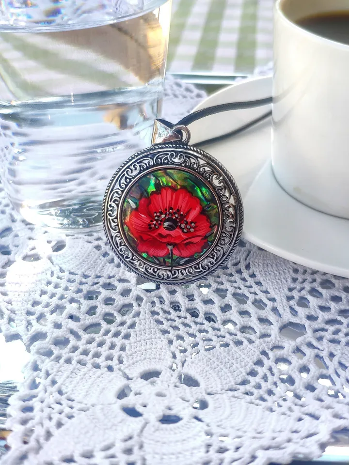 Pearl pendant necklace: Exquisite Red Poppy on Heliotis Pearl Pendant featuring an intricate openwork frame • Elegant red floral necklace