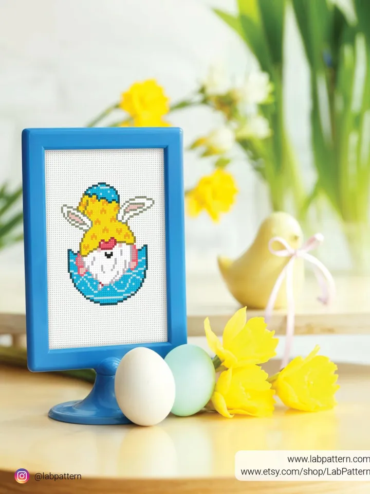 Easter Gnome Bunny Cross stitch pattern, contemporary, Happy Easter, beginner counted, modern chart, gift DIY, embroidery, instant PDF