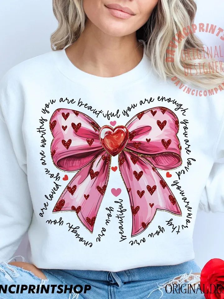 Pink valentine coquette heart png, You Are Enough, Loved, Worthy Png, Valentine Png, Glitter Valentine Png, Valentine coquette png, Love png