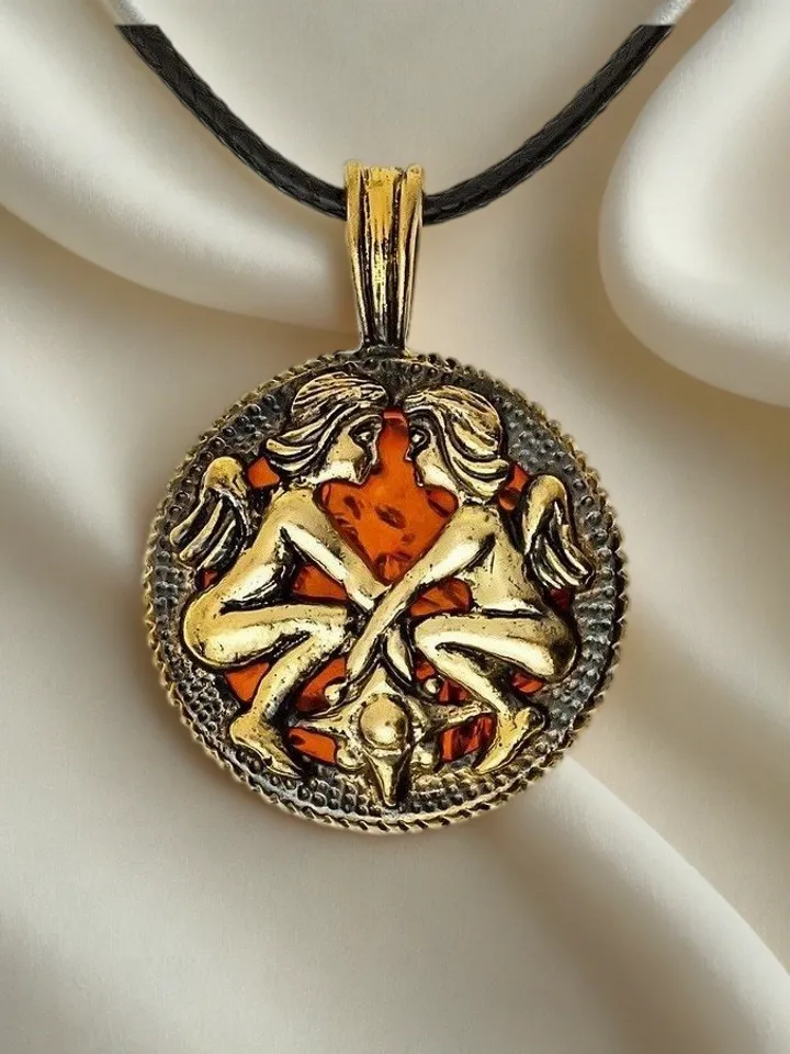 Twins Necklace Men and Women Zodiac Sign Amulet Pendant Round Locket Necklace Gold Black Brass Twins Amber jewelry Gemini gift for holiday birthday christmas jewelry