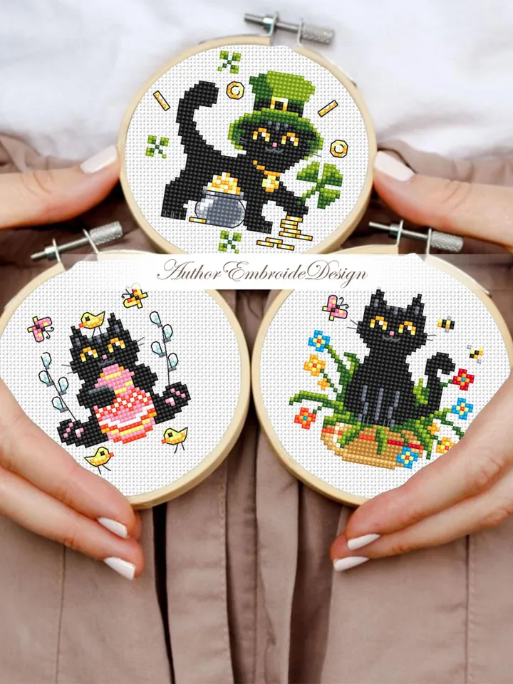 Set Black cat cross stitch pattern PDF download Cat holiday cards cross stitch chart, Small cat pattern digital PDF, Cat lover gift #T39