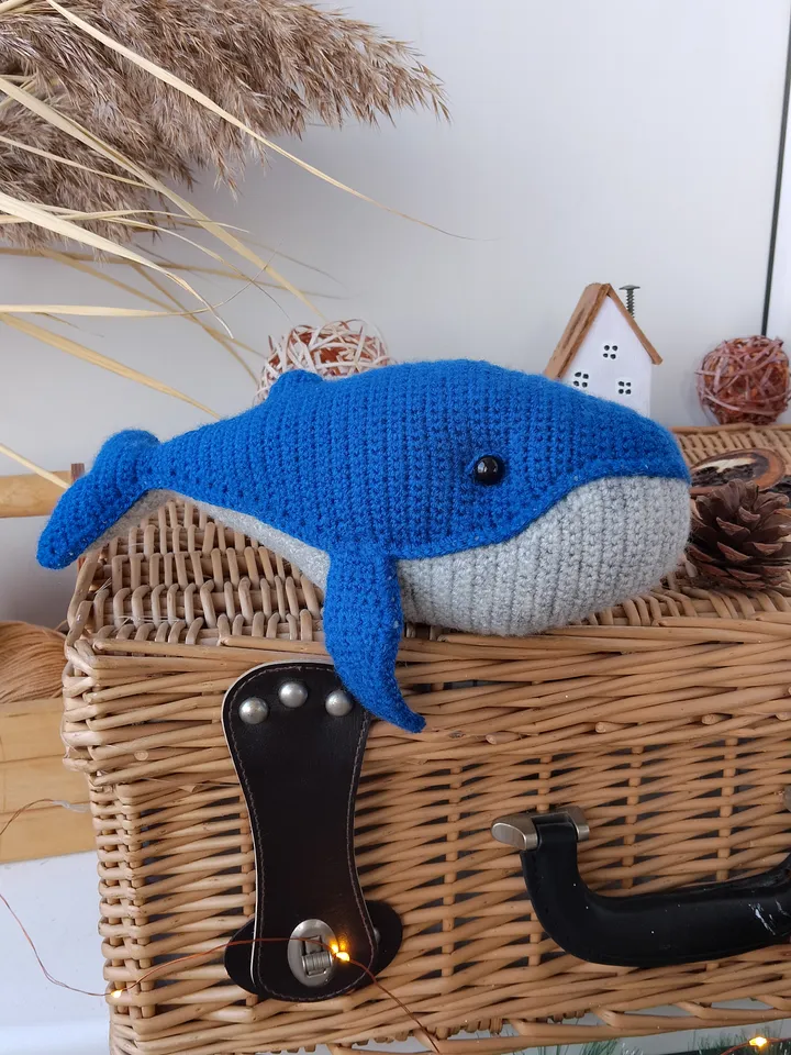 Stuffed blue Whale toy nursery decor for baby. Stuffed animal cotton yarn whale for home decor. Big original whale toy