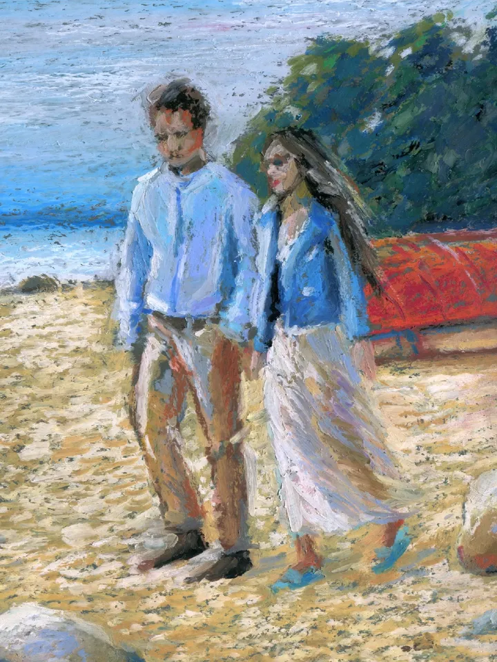 Seascape, Coast, Lovers' walk on the beach, Original oil pastel drawing on A4 kraft paper