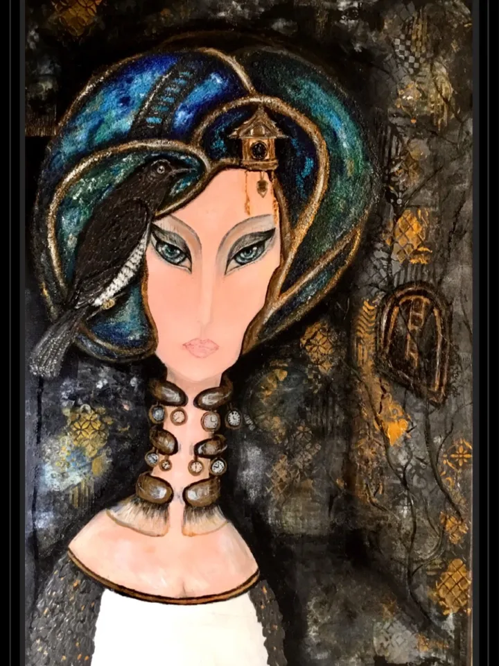 Woman portrait painting,Fantasy portrait of a woman with watches and magpie,collage background,acrylic on stretched canvas.