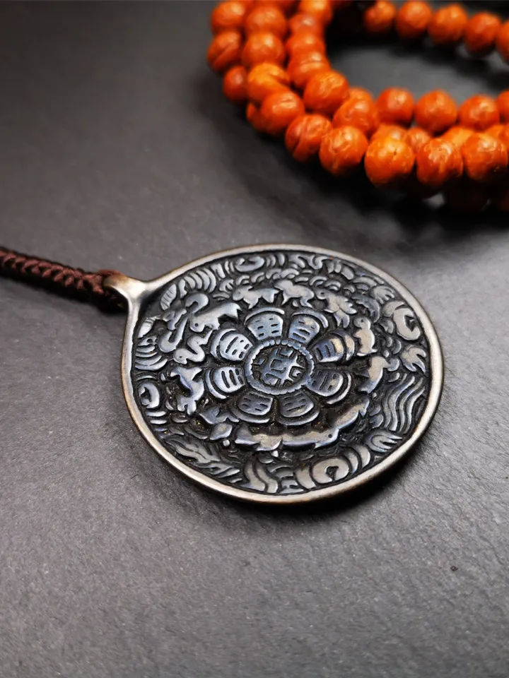 Gandhanra Vintage Tibetan Buddhist Calendar Badge,Melong Mirror, SIPAHO Amulet,made of Lima Brass, 1.77&quot;