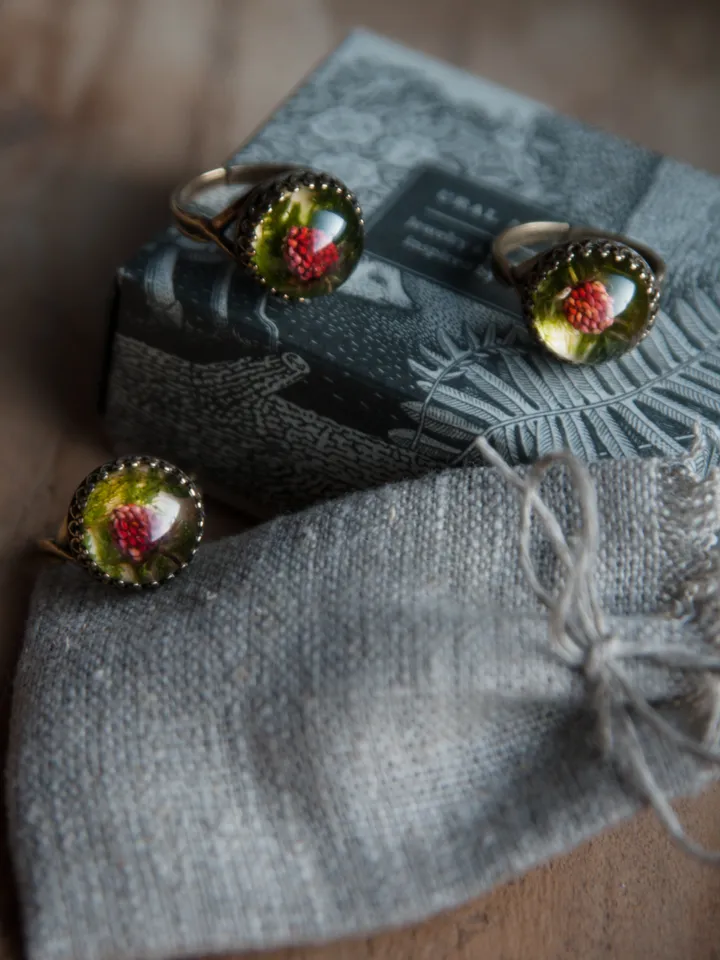 Real strawberry ring. Adjustable size resin jewelry