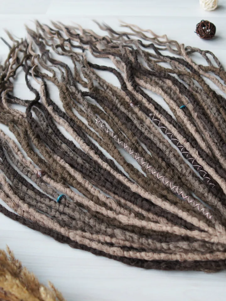 Wavy Synthetic Dreadlock Extensions in Ash Brown with Boho Beads and Wraps for Natural Looking Festival Hairstyles