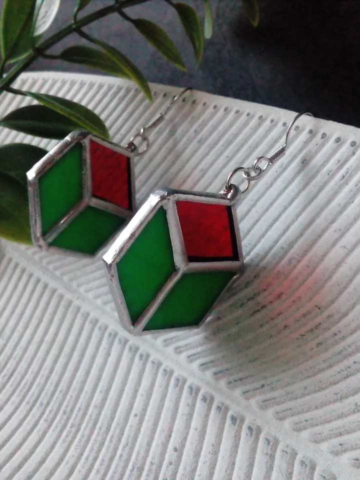 Cube earrrings, hexagon earrings, geometric earrrings, simple stained glass, green stained glass, honeycomb