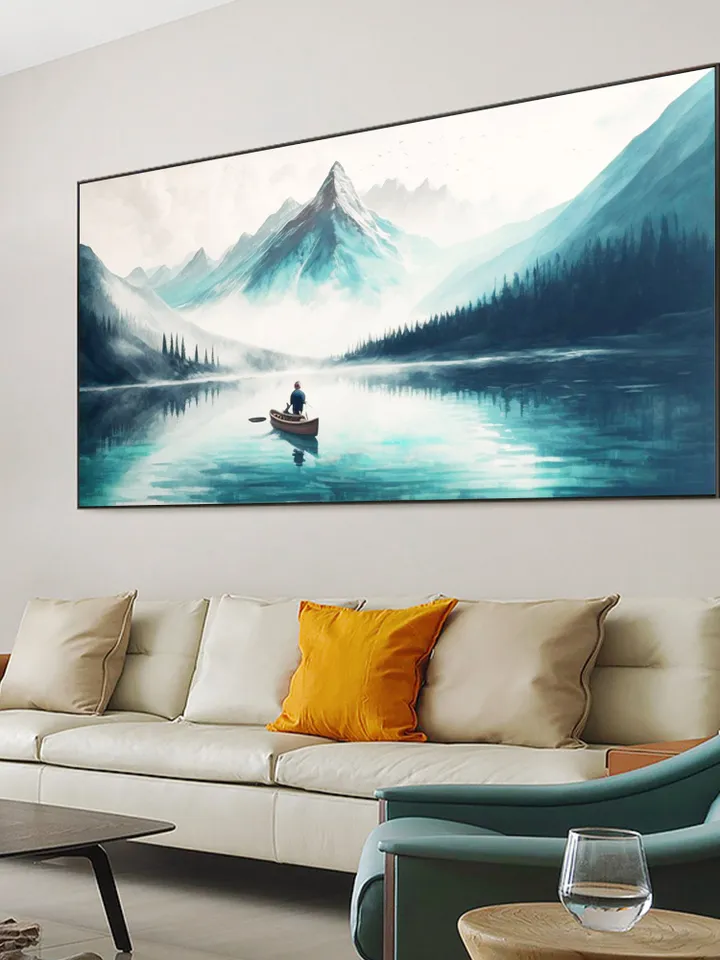 Original Landscape Oil Painting On Canvas, Abstract Snow Mountain Painting, Lake View Art, Boat Painting, Large Wall Art, Living room Decor