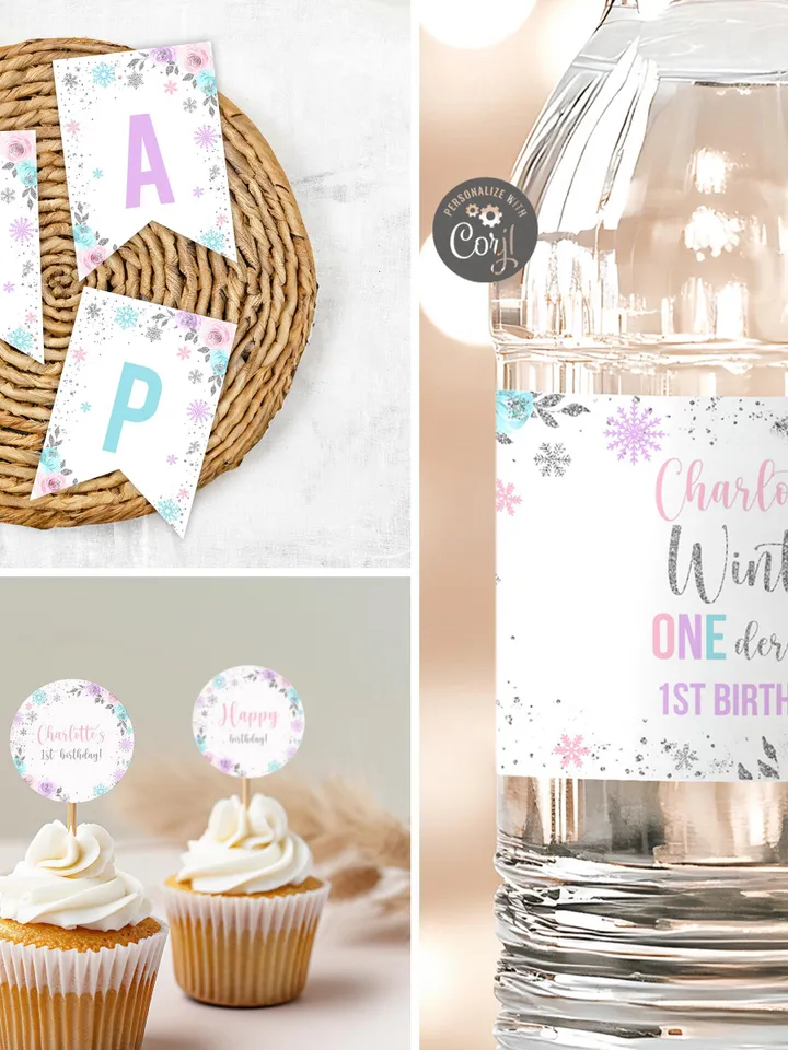 Winter Onederland Birthday Girl Decorations, Winter Onederland Birthday Party Package Bundle, Pink Blue Snowflakes Editable Template i098