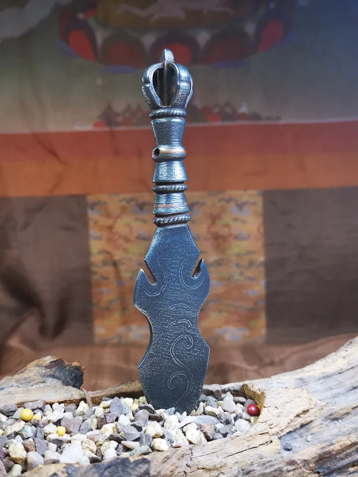 Gandhanra Tibetan Amulet Kila Dagger (Dorje Phurba),Dharma Ritual,Altar Tool,Made of Cold Iron inlaid with Copper