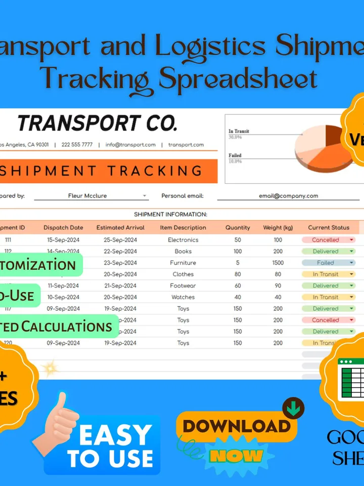 Transport and Logistics Shipment Tracking Spreadsheet Template, Delivery Tracker, Freight & Cargo Management Tool for Businesses, Google